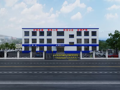 Aerial View of White Office Building With Blue Accents Along Road Trees and White Clouds 3d model
