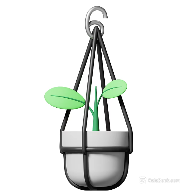Vine Plant In White Hanging Planter With Green Leaves And Black Metal Hanger 3d model 