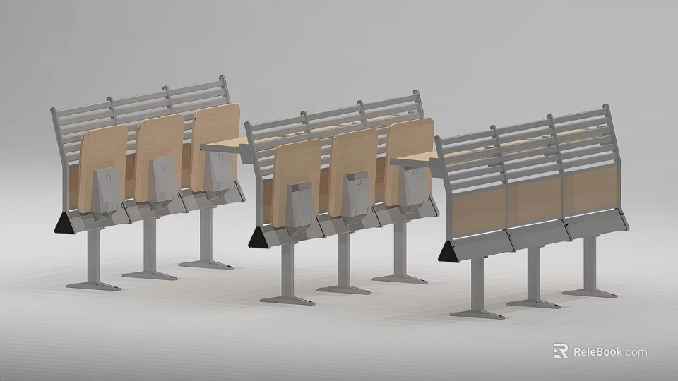 Functional Modern Desk And Chair Set With Metal Frame And Wooden Seats 3d model 