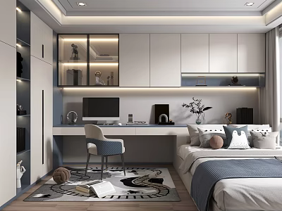 Modern Tatami Bedroom Interior With Writing Desk Chair Built in Cabinets And Decorative Rug 3d model