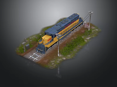Yellow and blue train on railway tracks with green vegetation utility poles and signal signs 3d model