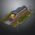 Yellow and blue train on railway tracks with green vegetation utility poles and signal signs