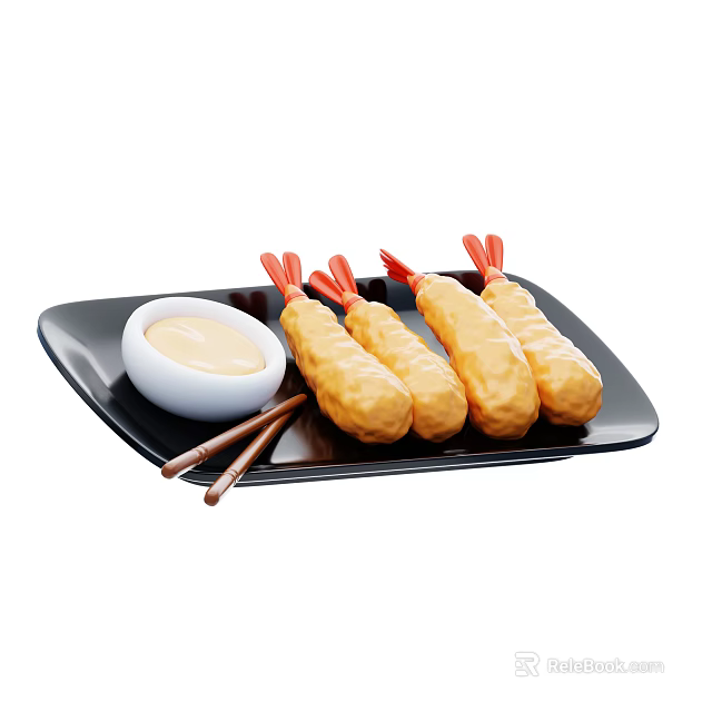 Crispy Fried Shrimp Sticks with Creamy Dip Sauce on Black Plate and Chopsticks 3d model 
