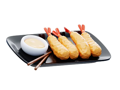 Crispy Fried Shrimp Sticks with Creamy Dip Sauce on Black Plate and Chopsticks 3d model