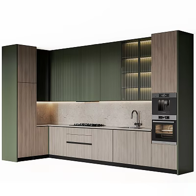 Modern Kitchen Interior With Green And Wooden Cabinets Stone Countertop Oven And Under Cabinet Lighting 3d model
