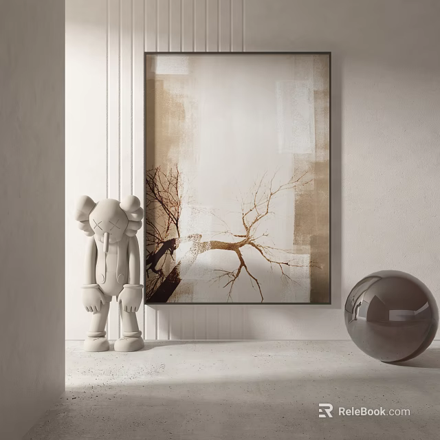 Minimalist Interior Decor With White Sculpture Abstract Tree Painting And Silver Sphere 3d model 