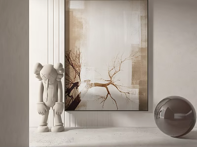 Minimalist Interior Decor With White Sculpture Abstract Tree Painting And Silver Sphere 3d model