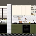 Modern Kitchen Interior With White Upper Cabinets Green Lower Drawers And Checkered Floor