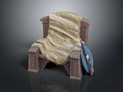 Multi Person Sofa With Carved Wooden Arms Legs Light Fabric Cover And Blue Shield Decoration 3d model