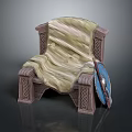 Multi Person Sofa With Carved Wooden Arms Legs Light Fabric Cover And Blue Shield Decoration