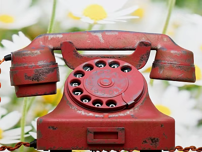 Red Vintage Rotary Phone With White And Yellow Daisy Flowers Background 3d model