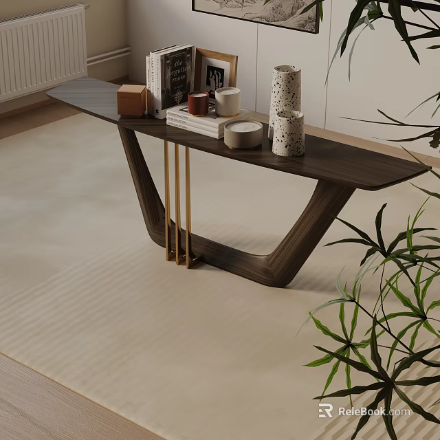 Modern Wooden Console Table With Gold Metal Legs And Decorative Items In Living Space 3d model 