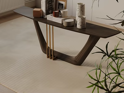 Modern Wooden Console Table With Gold Metal Legs And Decorative Items In Living Space 3d model