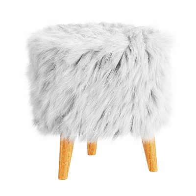White Fluffy Fur Ottoman With Wooden Legs For Modern Home Decor Accent 3d model