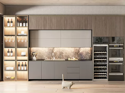 Modern Wine Cabinet Design In Kitchen Interior With Wine Bottles Lighting And Wooden Panels 3d model