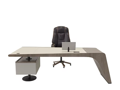 Modern Office Desk With Black Leather Office Chair White Drawer Cabinet And Laptop On Top 3d model