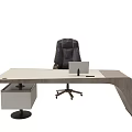 Modern Office Desk With Black Leather Office Chair White Drawer Cabinet And Laptop On Top