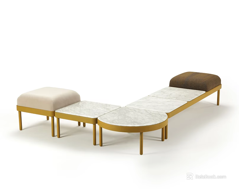 Modern Modular Footstool Design With Gold Frame Marble Top And Upholstered Cushions 3d model 