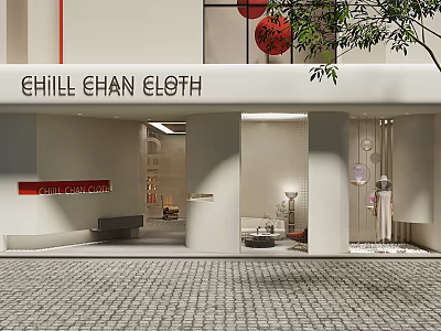 Modern Clothing Store Front With Red Lanterns And Window Mannequin Displays 3d model