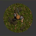 Game Character With Orange Hair In Armored Outfit Holding Weapon On Grass Rock Base Standing