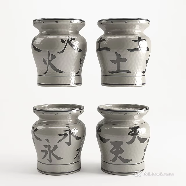 Traditional Ceramic Vessels with Chinese Character Decor and Textured Surface Set of Four 3d model 