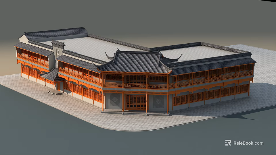 Ancient Chinese Architecture With Traditional Gray Tiled Roof And Orange Wooden Frames 3d model 