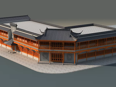 Ancient Chinese Architecture With Traditional Gray Tiled Roof And Orange Wooden Frames 3d model