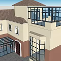 Modern Detached Villa Exterior Design With Brick Beige Walls Glass Sunroom And Sloped Roof