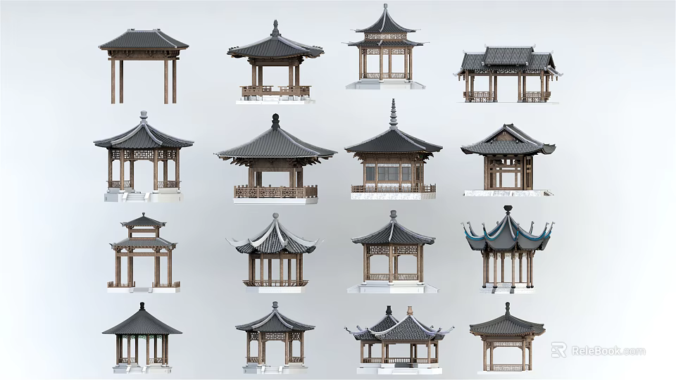 Chinese Traditional Pavilion Models With Various Roof Designs And Wooden Structures 3d model 