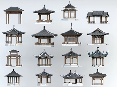 Chinese Traditional Pavilion Models With Various Roof Designs And Wooden Structures 3d model