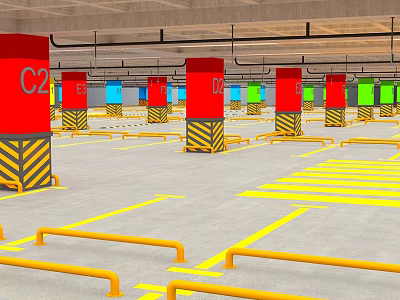 Parking Lot Featuring Colorful Pillars Letter Signs Yellow Black Stripes Parking Lines and Guardrails 3d model