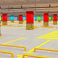 Parking Lot Featuring Colorful Pillars Letter Signs Yellow Black Stripes Parking Lines and Guardrails