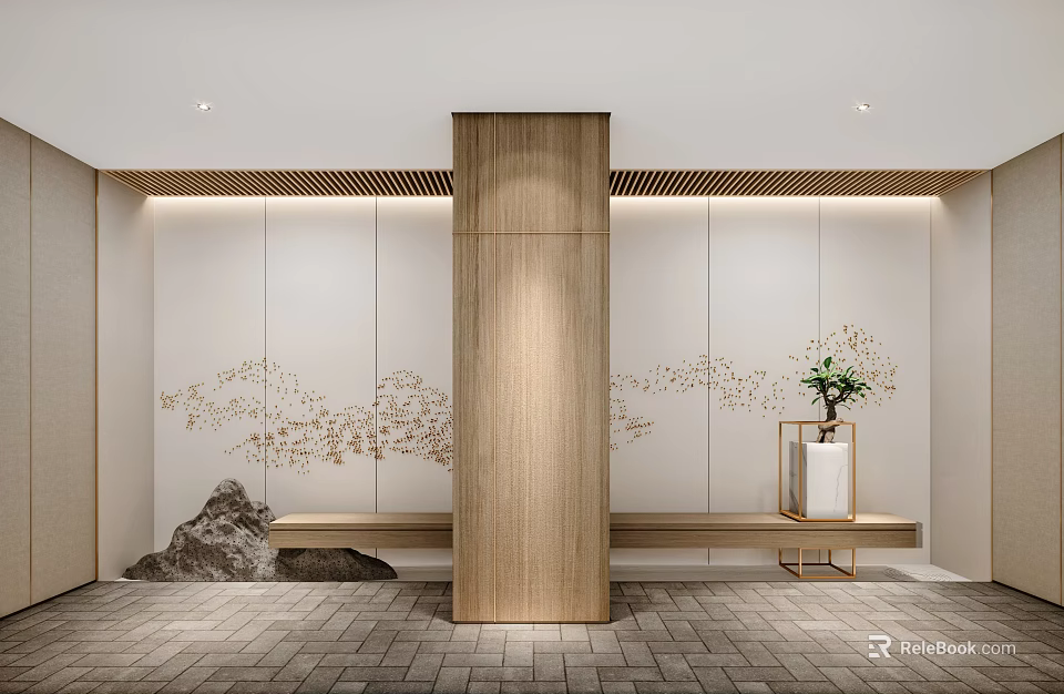 Entryway Hallway Featuring Wooden Pillar Gold-Patterned Background Wall Gray Brick Floor Stone Decoration And Greenery 3d model 