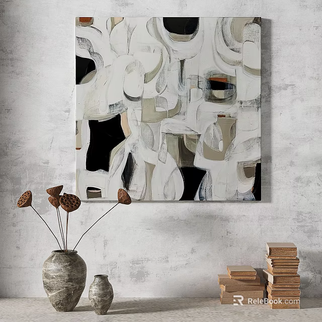 Abstract Painting With White Black Gray Tones And Organic Geometric Shapes On Minimalist Wall 3d model 