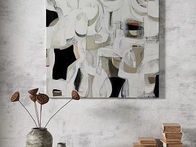Abstract Painting With White Black Gray Tones And Organic Geometric Shapes On Minimalist Wall 3d model