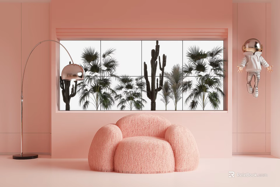 Pink Fluffy Single Sofa In Pastel Pink Room With Palm Trees And Cacti View 3d model 
