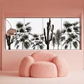 Pink Fluffy Single Sofa In Pastel Pink Room With Palm Trees And Cacti View
