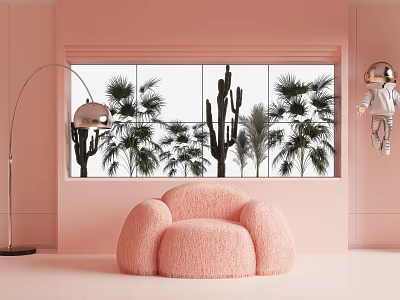 Pink Fluffy Single Sofa In Pastel Pink Room With Palm Trees And Cacti View 3d model