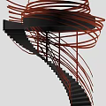 Modern Artistic Spiral Staircase With Orange Spiral Structure And Dark Steps Design