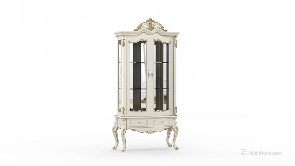 Elegant White Wine Cabinet With Glass Doors Carved Details And Curved Legs 3d model 