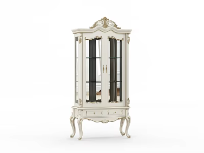 Elegant White Wine Cabinet With Glass Doors Carved Details And Curved Legs 3d model