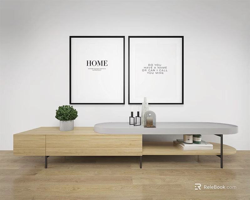 Modern Wooden TV Stand With White Top Potted Plant And Wall Decorative Prints 3d model 