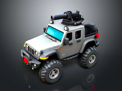 Silver Cartoon Off Road Vehicle With Large Tires Blue Windows And Roof Weapon Mount 3d model