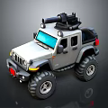 Silver Cartoon Off Road Vehicle With Large Tires Blue Windows And Roof Weapon Mount