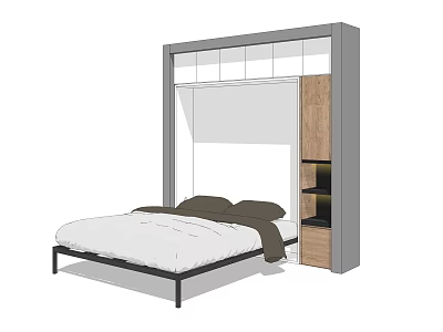 Double Bed With White Bedding Brown Pillows Black Metal Frame And Built In Wardrobe 3d model