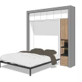 Double Bed With White Bedding Brown Pillows Black Metal Frame And Built In Wardrobe