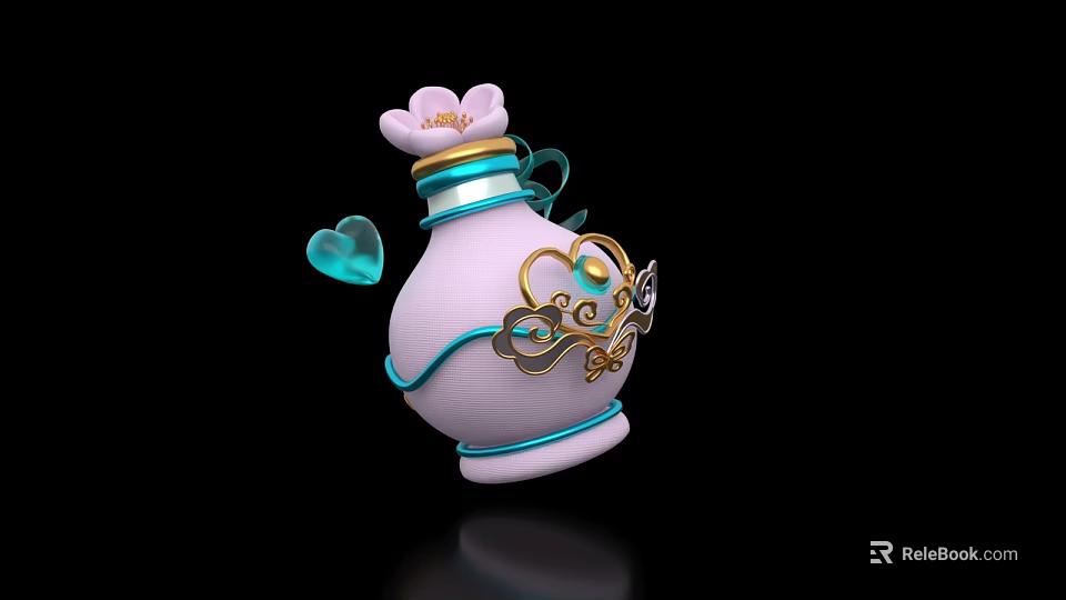 Delicate Decorative Ornament Set With Pink Bottle Flower Top Blue Heart And Golden Patterns 3d model 