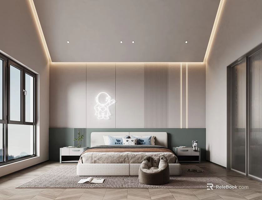 Modern Minimalist Bedroom Interior Design With Bedhead Wall Art LED Lights Large Bed And Ottoman 3d model 