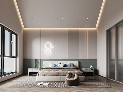 Modern Minimalist Bedroom Interior Design With Bedhead Wall Art LED Lights Large Bed And Ottoman 3d model