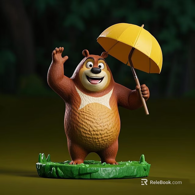 Animated Bear Character Waving Hand Holding Yellow Umbrella in Green Natural Setting 3d model 